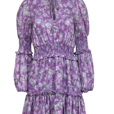 Alexis - Purple w/ Beige &amp; Slate Floral Print Smocked Jacquard Dress Sz M