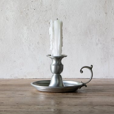 Pewter Chamberstick with Finger Hold, Vintage Early American Silver Toned Candle Holder with Handle 