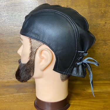 Vintage Leather Skull Cap Black Bandana Head Wrap Tie Back Motorcycle Hat OSFA 