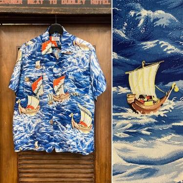 Vintage 1950’s Size L “Penny’s” Atomic Nautical Boat Rayon Tiki Hawaiian Shirt, 50’s Made in Japan, Vintage Clothing 