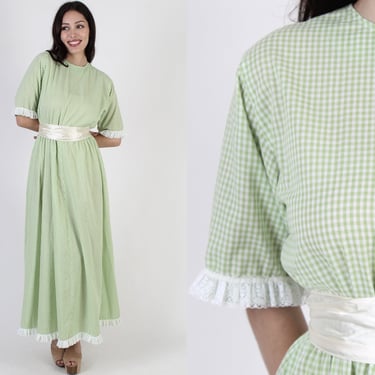 Green White Gingham Americana Dress / Plaid Bell Sleeve Work Maxi / Vintage 70s Country Picnic Outfit / Checker Print Tiered Folk Skirt 