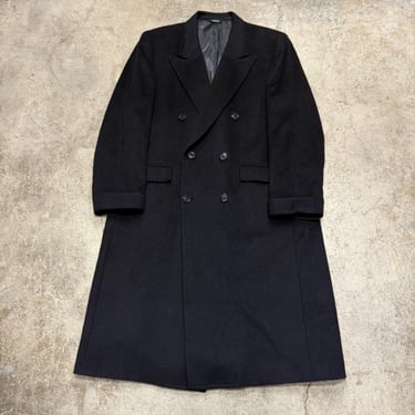 Vintage Black Blue Double Breasted Peak Lapel Wool Pile? Overcoat Men’s 42R Made in USA 