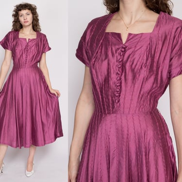L| 1950s Gloria Swanson Pintucked Magenta Dress - Large | Vintage Pink Purple Short Sleeve Midi Tea Length Day Dress 
