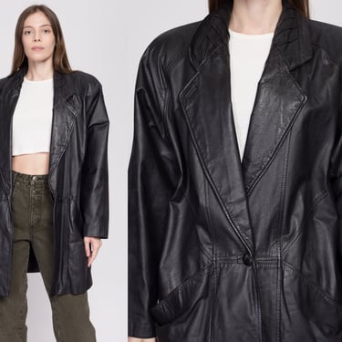 80s Oversize Black Leather Jacket - Large | Vintage G-III Long Single Button New Wave Coat 