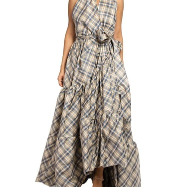 MORPHEW COLLECTION Blue & Yellow Silk Taffeta Plaid Gown MASTER 