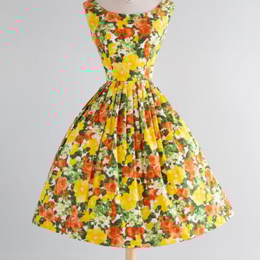 Marvelous 1950's Cotton Rose Print Sun Dress By Famous Fashions Miami / SM