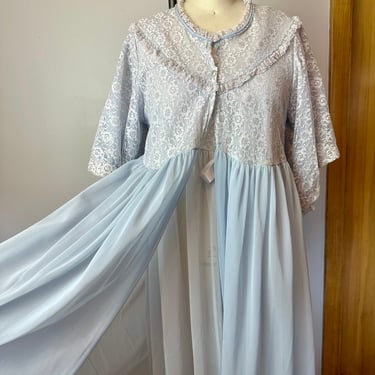 1960’s baby blue lacy negligee set~ full length babydoll nighty and robe~ princess style sheer with bows~ feminine 1960’s mod size Med As-Is 