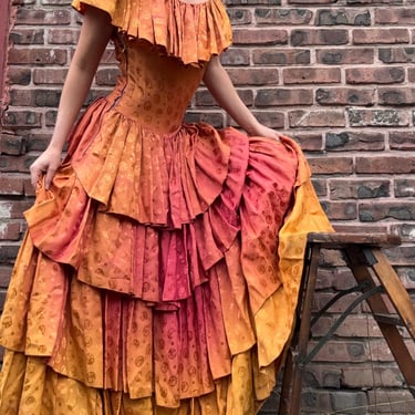 Vintage 1940s Old Hollywood Western Costume Sunset Ruffle Dress Small Medium Gown by TimeBa