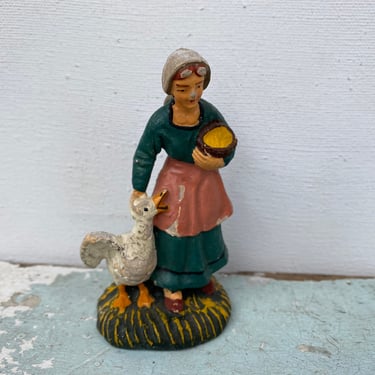 Vintage Woman With Goose/Duck Chalkware Figurine, Shabby, Chippy, Italian, Farm Girl With White Goose, Farmhouse 