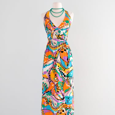 Rad 1970's Psychedelic Print Plunging Full Length Gown by Miami Originals / S/M