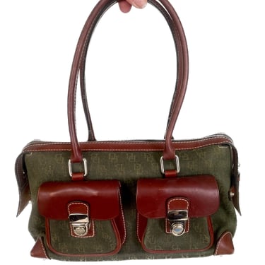Vintage Dooney & Bourke Double Pocket Satchel - Green Monogram - Leather Trim - Shoulder Strap 