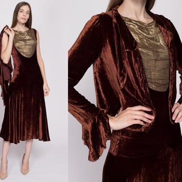 S| 1920s Silk Velvet Lamé Dress & Jacket Set - Small | Antique 20s True Vintage Midi Dress Two Piece Matching Outfit 