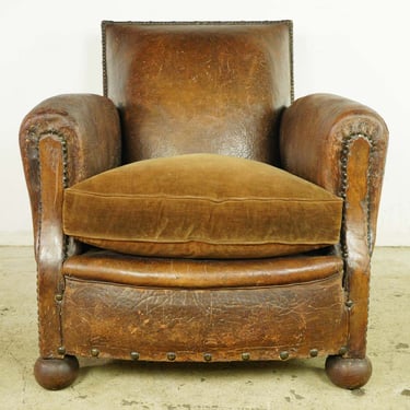 Vintage European Studded Back Leather Club Chair with Ball Feet