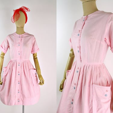 50s Plaid Pink Barbie Summer Dress / MCM / Vintage day dress / 1950 Pink Plaid Dress / Vintage Pocket Dress / Size XXS XS 