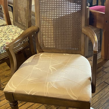 Tan and Bamboo Pattern Upholstered Cane Back Dining Chair w Etched Legs
