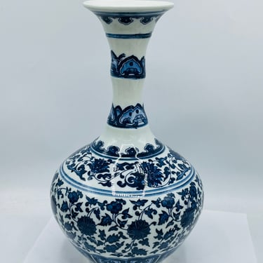 Vintage Blue and White Porcelain Vase with  Floral Design- 12