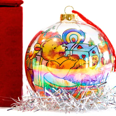 VINTAGE: Reverse Painting Glass Christmas Ornament in Box - Bear Theme Ornament - By Chase - Signed Ornament - Christmas - SKU 26-B-00034718 