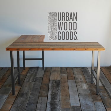 Corner Computer Desk, Modern Wood Desk, L Shaped Desk with reclaimed wood top and square steel legs 