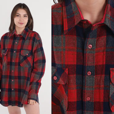 80s Flannel Shirt Red Plaid Wool Blend Button up Field Shirt Long Sleeve Tartan Lumberjack Boyfriend Warm Top Vintage 1980s Mens Large L 