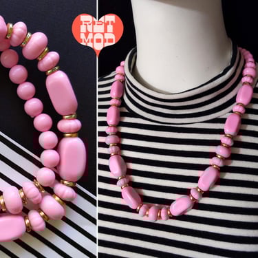 Chunky Vintage 80s 90s Bubblegum Pastel Pink Beaded Necklace with Gold Disc Spacer Beads 
