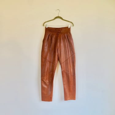 1980's Caramel Brown Leather High Waisted Pants Trouser Mom Pant Tapered Baggy 27.75