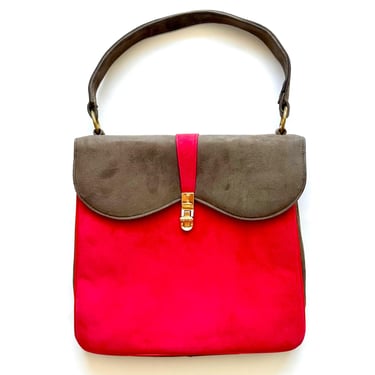 Vintage 60s Suede Leather Top Handle Bag 1960s Mod Structured Red Purse Handbag 