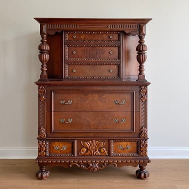 NEW - Antique Jacobean Two Piece Chest of Drawers, Solid Wood Dresser, Ornate Bedroom Furniture 
