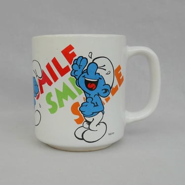 80s Smurfs Smile Coffee Mug - Smurfs Laughing Cup - Peyo - Vintage 1980s Cartoon Cup 