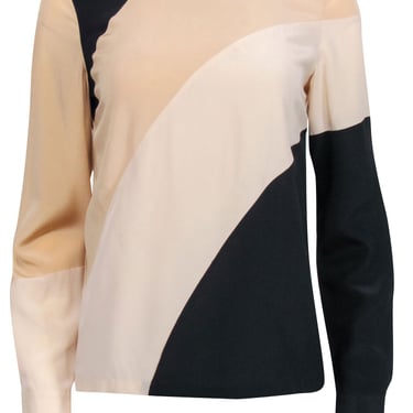 Diane von Furstenberg - Beige, Cream, & Black Striped Silk Long Sleeve Blouse Sz 4