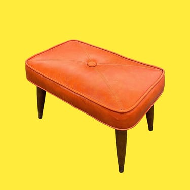 Vintage Ottoman Retro 1960s Mid Century Modern + Orange Vinyl + Rectangular Top + Brown Wood + Tapered Legs + MCM Furniture + Footrest + Sit 