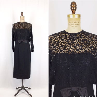 Vintage 50s dress | Vintage black lace rhinestone cocktail dress | 1950s knit wiggle dress 