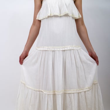 1970s White Gauzy Tiered Maxi Dress