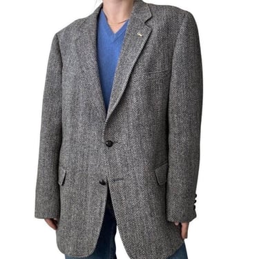Vintage 1970s Harris Tweed Black Gray Chevron Wool Scottish Sport Coat 48R 