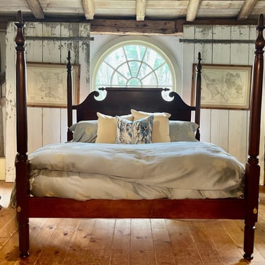 New England Tall Post Bed in Mahogany, Original Posts ~ Circa 1830, Resized to King Roll-top, Recessed Panel Headboard