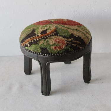 Vintage Contemporary Upholstered Round Nailhead Foot Stool Ottoman 