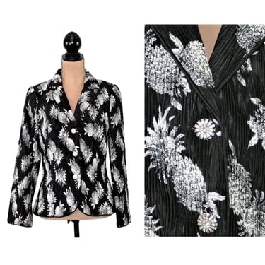 S-M Y2K Pineapple Novelty Print Blazer Jacket, Black & White Plisse with Rhinestone Buttons, Kitsch Resort Wear 2000s Clothes Women Vintage 