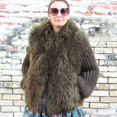 Anne Klein Coat, Vintage 1970s, Mongolian Lamb Vest Coat, Medium Women, Removable Sleeves 