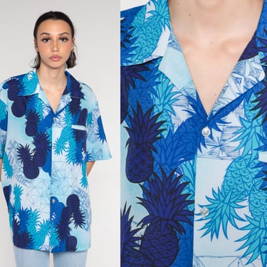 Pineapple Shirt 70s Blue Hawaiian Shirt Tropical Print Button Up Top Short Sleeve Retro Tourist Summer Vacation Vintage 1970s Mens Large L 