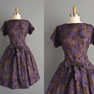 1960s vintage dress | Toni Todd Purple Abstract Print Sweeping Full Skirt Cotton Dress | Large | 60s dress 