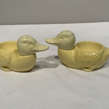 2 yellow Vintage Duck Egg Cups with Salt Shaker Heads, breakfast table decor, spring table decor, soft boiled egg holder, easter table decor 