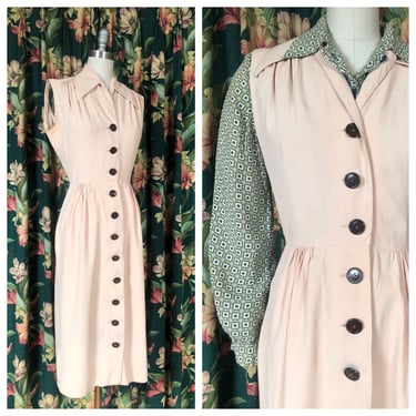 1940s Dress - Smart Vintage 40s Sleeveless Button Front Sportswear Dress in Peachy Beige by Designers Guild, a Gilbert Fashion 