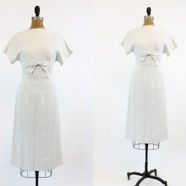 1950s wheat embroidered linen wiggle dress small | new in 