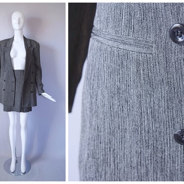 Vintage 1990s Anne Taylor II Grey Oversize Double Breast Blazer Jacket and Matching Mini Wrap Skirt Suit Set | retro 90s Y2K 2000s | 