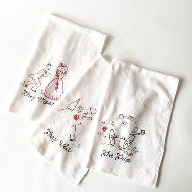 White Tea Towels - Vintage Embroidery - Vintage Tea Towels - Wedding Embroidery - White Towels - Wedding Present 