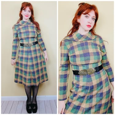 1970s Vintage Julie Miller Green Plaid Dress / 70s Brown and Blue Funnel Neck Knit Acrylic Dress / Size Medium - Large 