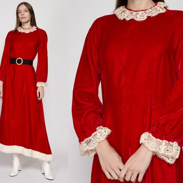 Large 70s Mrs. Claus Christmas Party Dress | Vintage Santa Costume Red Velvet White Faux Fur Trim Maxi Holiday Hostess Dress 