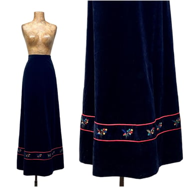 Vintage 1960s Black Cotton Velvet A Line Maxi Skirt with Floral Embroidery, Rich Hippie Boho Fashion, 28