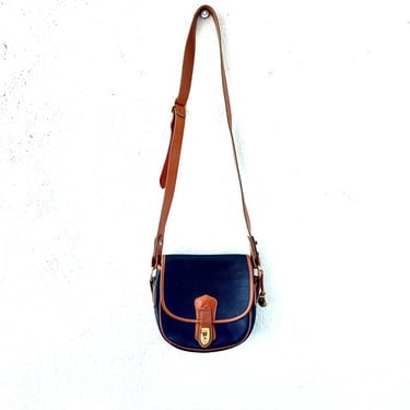 Vintage Dooney and Bourke Equestrian Shoulder  Bag Leather Navy Blue Tan Crossbody Purse 