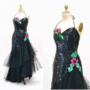 Vintage 80s Prom Dress Black Metallic Sequin Dress Gown Medium Large// 80s Party Dress Metallic Sequin Loralie Pageant Barbie Drag Dress 