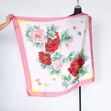 1980s Flowered Silk Scarf | 80s Peony Flower Silk Scarf | Red Flower Scarf 